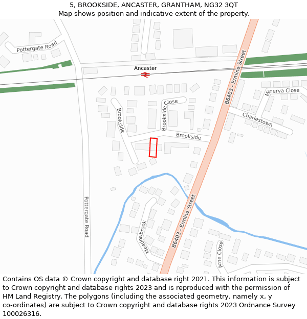 5, BROOKSIDE, ANCASTER, GRANTHAM, NG32 3QT: Location map and indicative extent of plot