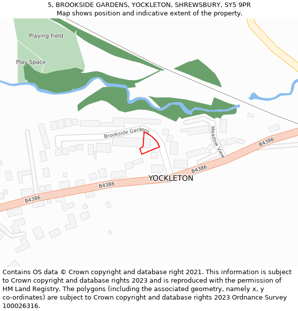 5, BROOKSIDE GARDENS, YOCKLETON, SHREWSBURY, SY5 9PR: Location map and indicative extent of plot
