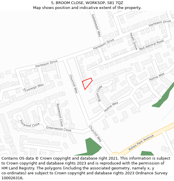 5, BROOM CLOSE, WORKSOP, S81 7QZ: Location map and indicative extent of plot