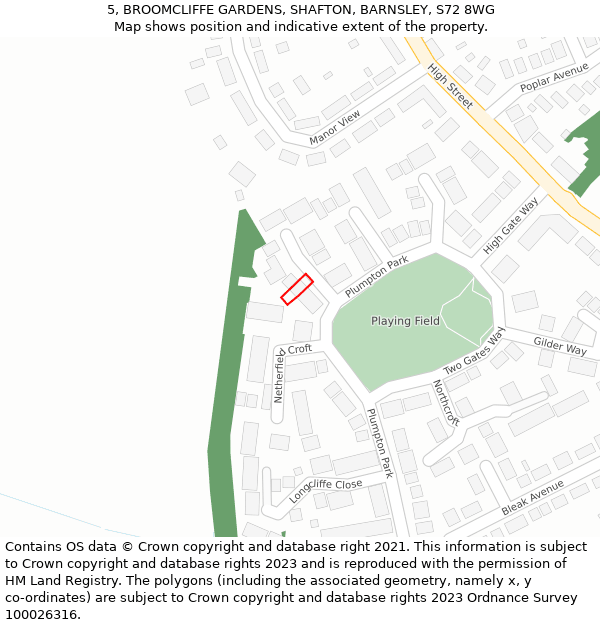 5, BROOMCLIFFE GARDENS, SHAFTON, BARNSLEY, S72 8WG: Location map and indicative extent of plot