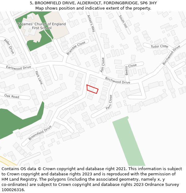 5, BROOMFIELD DRIVE, ALDERHOLT, FORDINGBRIDGE, SP6 3HY: Location map and indicative extent of plot