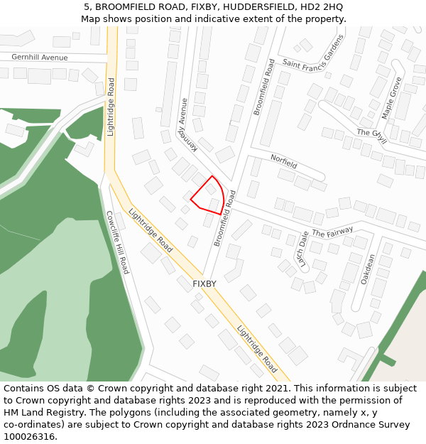 5, BROOMFIELD ROAD, FIXBY, HUDDERSFIELD, HD2 2HQ: Location map and indicative extent of plot