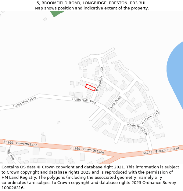 5, BROOMFIELD ROAD, LONGRIDGE, PRESTON, PR3 3UL: Location map and indicative extent of plot