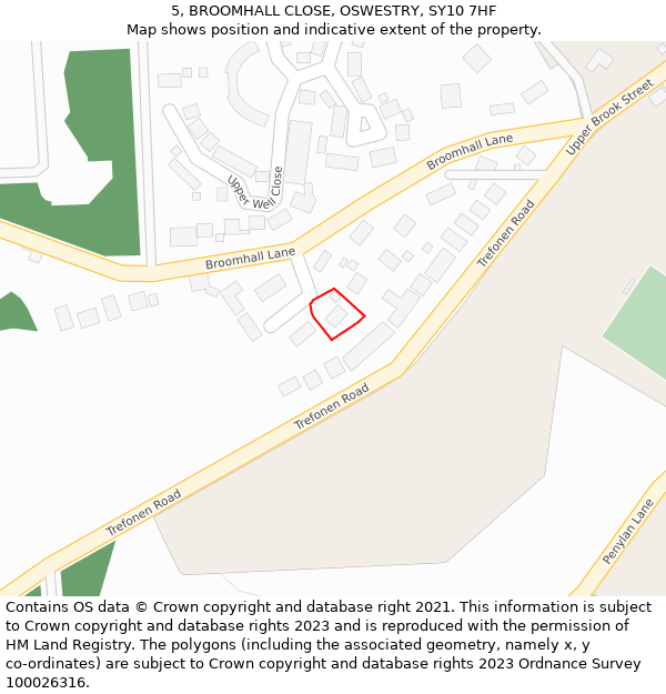 5, BROOMHALL CLOSE, OSWESTRY, SY10 7HF: Location map and indicative extent of plot