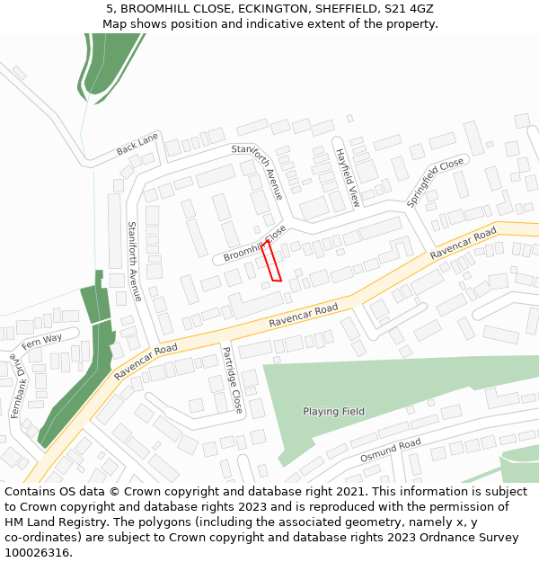 5, BROOMHILL CLOSE, ECKINGTON, SHEFFIELD, S21 4GZ: Location map and indicative extent of plot