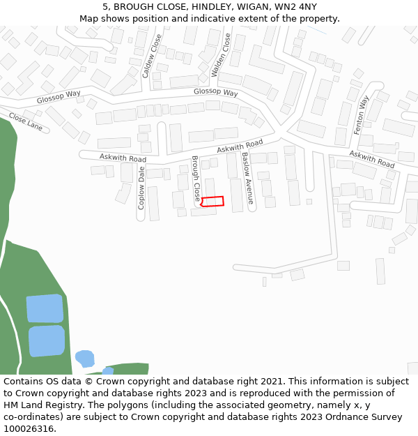 5, BROUGH CLOSE, HINDLEY, WIGAN, WN2 4NY: Location map and indicative extent of plot