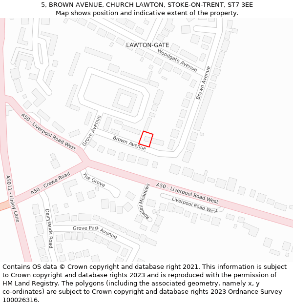 5, BROWN AVENUE, CHURCH LAWTON, STOKE-ON-TRENT, ST7 3EE: Location map and indicative extent of plot