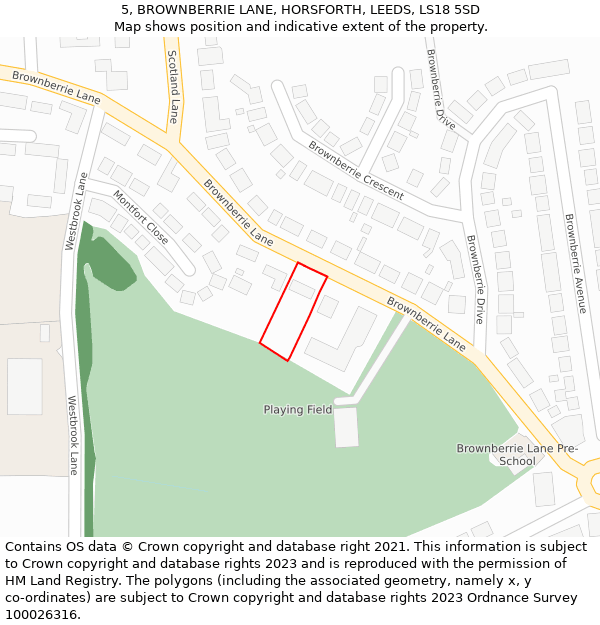 5, BROWNBERRIE LANE, HORSFORTH, LEEDS, LS18 5SD: Location map and indicative extent of plot