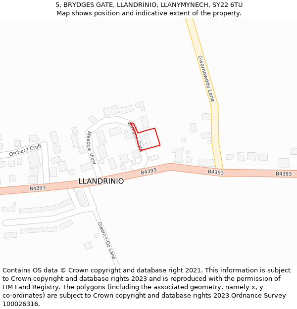 5, BRYDGES GATE, LLANDRINIO, LLANYMYNECH, SY22 6TU: Location map and indicative extent of plot