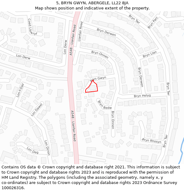 5, BRYN GWYN, ABERGELE, LL22 8JA: Location map and indicative extent of plot