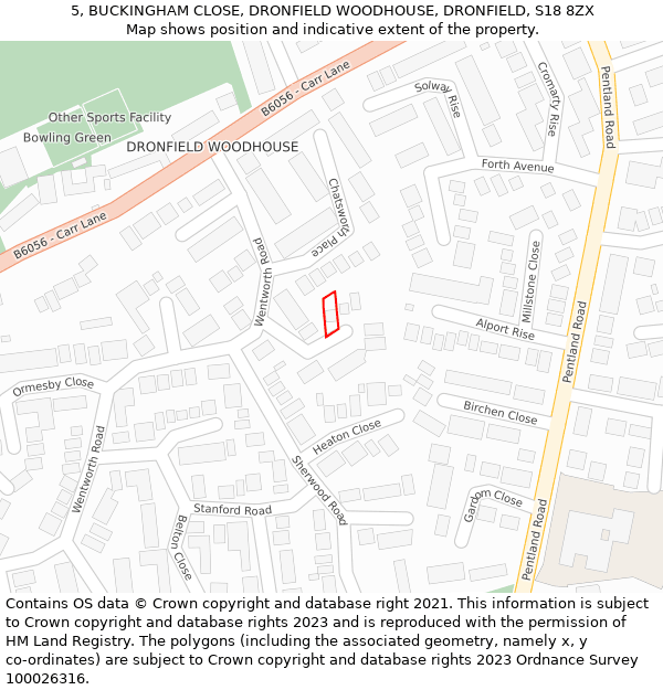 5, BUCKINGHAM CLOSE, DRONFIELD WOODHOUSE, DRONFIELD, S18 8ZX: Location map and indicative extent of plot