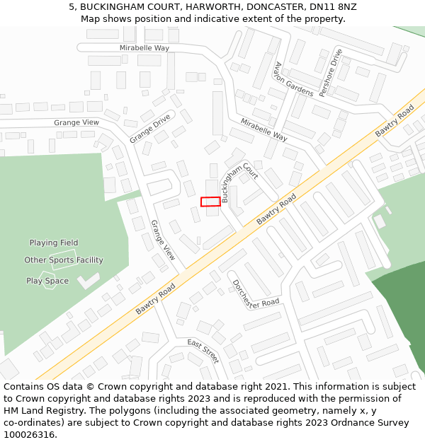 5, BUCKINGHAM COURT, HARWORTH, DONCASTER, DN11 8NZ: Location map and indicative extent of plot