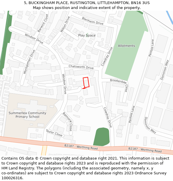 5, BUCKINGHAM PLACE, RUSTINGTON, LITTLEHAMPTON, BN16 3US: Location map and indicative extent of plot