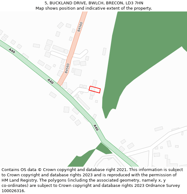 5, BUCKLAND DRIVE, BWLCH, BRECON, LD3 7HN: Location map and indicative extent of plot