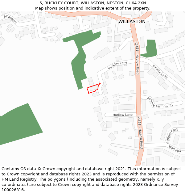 5, BUCKLEY COURT, WILLASTON, NESTON, CH64 2XN: Location map and indicative extent of plot