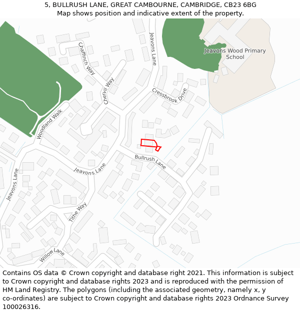 5, BULLRUSH LANE, GREAT CAMBOURNE, CAMBRIDGE, CB23 6BG: Location map and indicative extent of plot