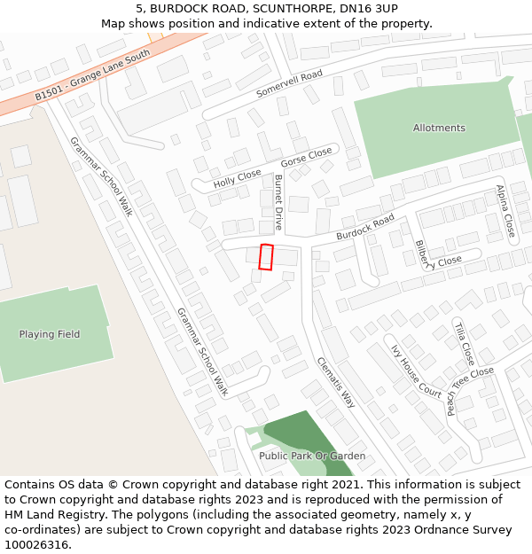 5, BURDOCK ROAD, SCUNTHORPE, DN16 3UP: Location map and indicative extent of plot