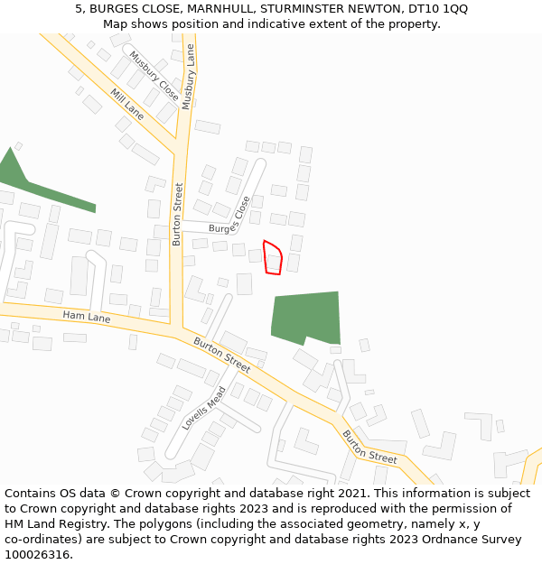 5, BURGES CLOSE, MARNHULL, STURMINSTER NEWTON, DT10 1QQ: Location map and indicative extent of plot