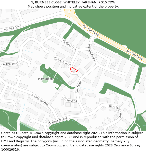 5, BURMESE CLOSE, WHITELEY, FAREHAM, PO15 7DW: Location map and indicative extent of plot