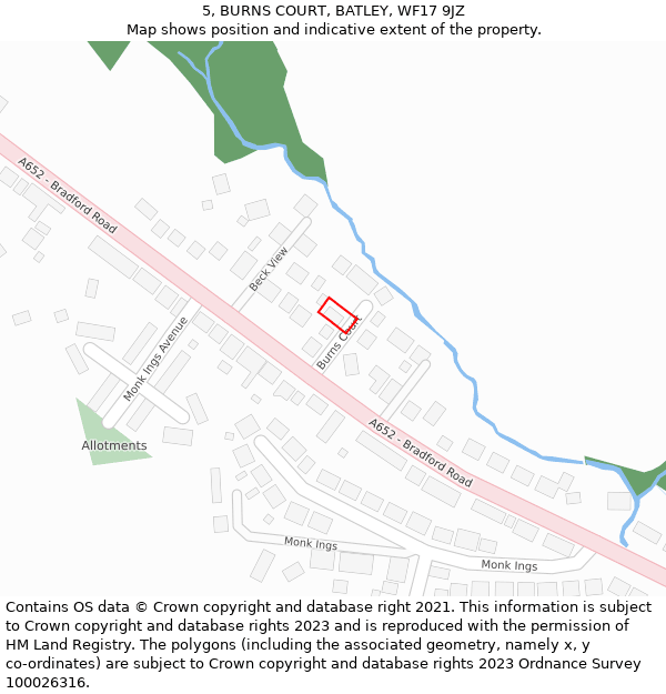 5, BURNS COURT, BATLEY, WF17 9JZ: Location map and indicative extent of plot