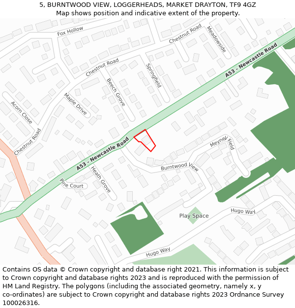 5, BURNTWOOD VIEW, LOGGERHEADS, MARKET DRAYTON, TF9 4GZ: Location map and indicative extent of plot