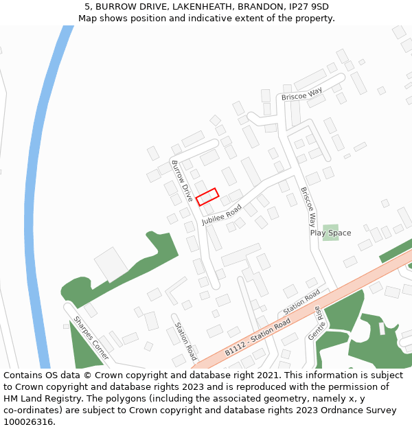 5, BURROW DRIVE, LAKENHEATH, BRANDON, IP27 9SD: Location map and indicative extent of plot