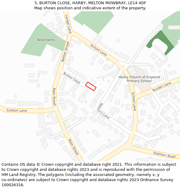 5, BURTON CLOSE, HARBY, MELTON MOWBRAY, LE14 4DF: Location map and indicative extent of plot