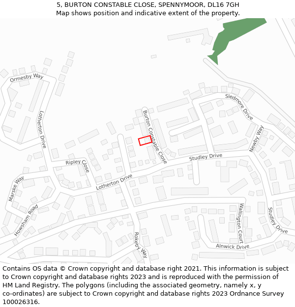 5, BURTON CONSTABLE CLOSE, SPENNYMOOR, DL16 7GH: Location map and indicative extent of plot