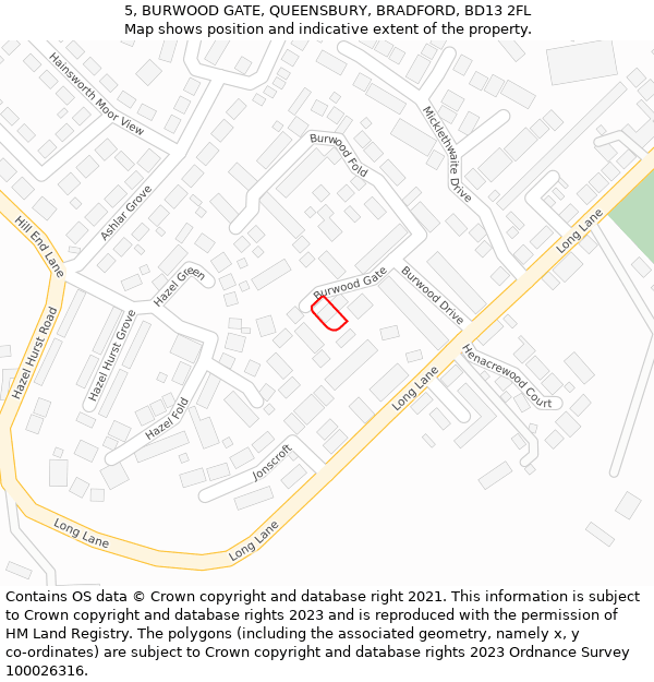 5, BURWOOD GATE, QUEENSBURY, BRADFORD, BD13 2FL: Location map and indicative extent of plot