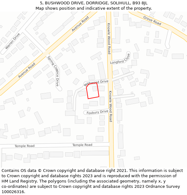 5, BUSHWOOD DRIVE, DORRIDGE, SOLIHULL, B93 8JL: Location map and indicative extent of plot