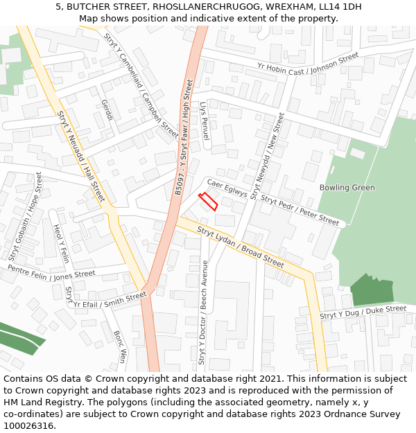 5, BUTCHER STREET, RHOSLLANERCHRUGOG, WREXHAM, LL14 1DH: Location map and indicative extent of plot