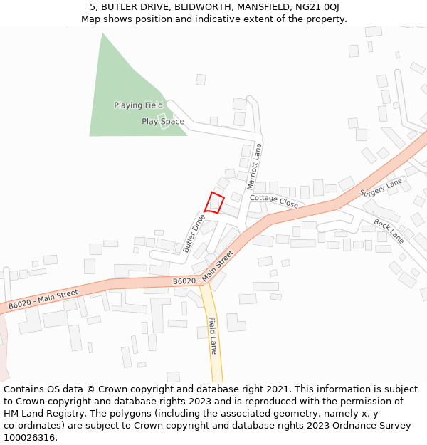 5, BUTLER DRIVE, BLIDWORTH, MANSFIELD, NG21 0QJ: Location map and indicative extent of plot