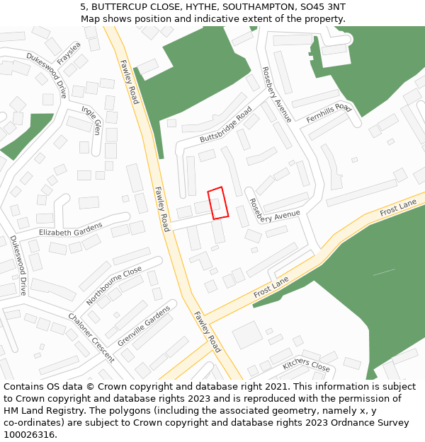 5, BUTTERCUP CLOSE, HYTHE, SOUTHAMPTON, SO45 3NT: Location map and indicative extent of plot