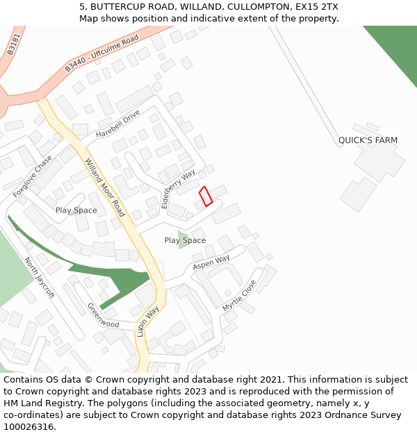 5, BUTTERCUP ROAD, WILLAND, CULLOMPTON, EX15 2TX: Location map and indicative extent of plot