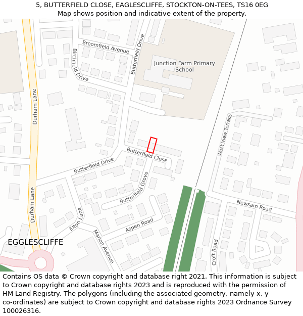 5, BUTTERFIELD CLOSE, EAGLESCLIFFE, STOCKTON-ON-TEES, TS16 0EG: Location map and indicative extent of plot