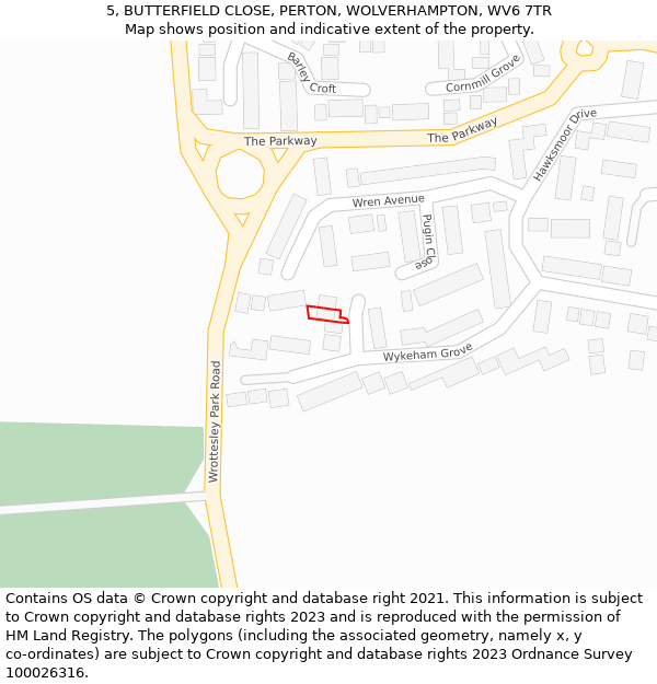 5, BUTTERFIELD CLOSE, PERTON, WOLVERHAMPTON, WV6 7TR: Location map and indicative extent of plot