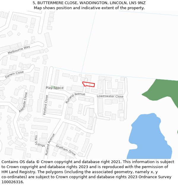 5, BUTTERMERE CLOSE, WADDINGTON, LINCOLN, LN5 9NZ: Location map and indicative extent of plot