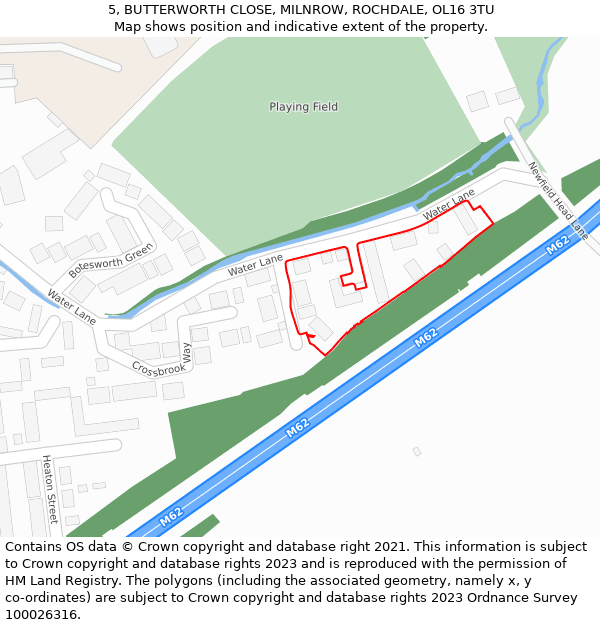 5, BUTTERWORTH CLOSE, MILNROW, ROCHDALE, OL16 3TU: Location map and indicative extent of plot