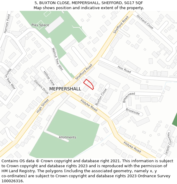 5, BUXTON CLOSE, MEPPERSHALL, SHEFFORD, SG17 5QF: Location map and indicative extent of plot