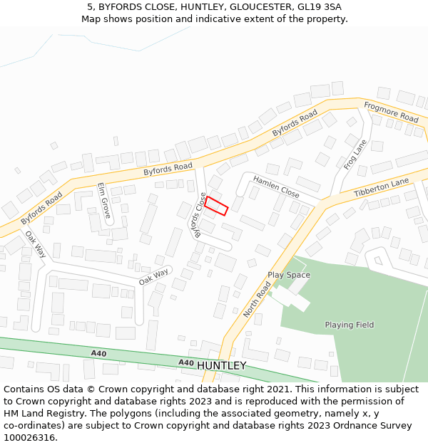 5, BYFORDS CLOSE, HUNTLEY, GLOUCESTER, GL19 3SA: Location map and indicative extent of plot