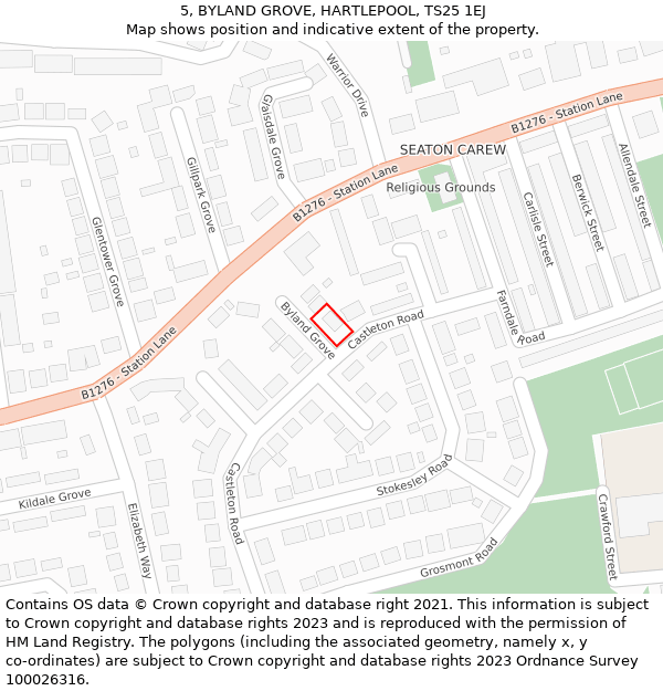 5, BYLAND GROVE, HARTLEPOOL, TS25 1EJ: Location map and indicative extent of plot