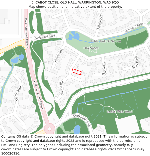 5, CABOT CLOSE, OLD HALL, WARRINGTON, WA5 9QQ: Location map and indicative extent of plot