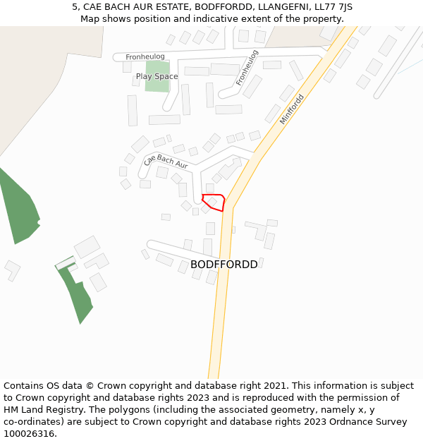 5, CAE BACH AUR ESTATE, BODFFORDD, LLANGEFNI, LL77 7JS: Location map and indicative extent of plot