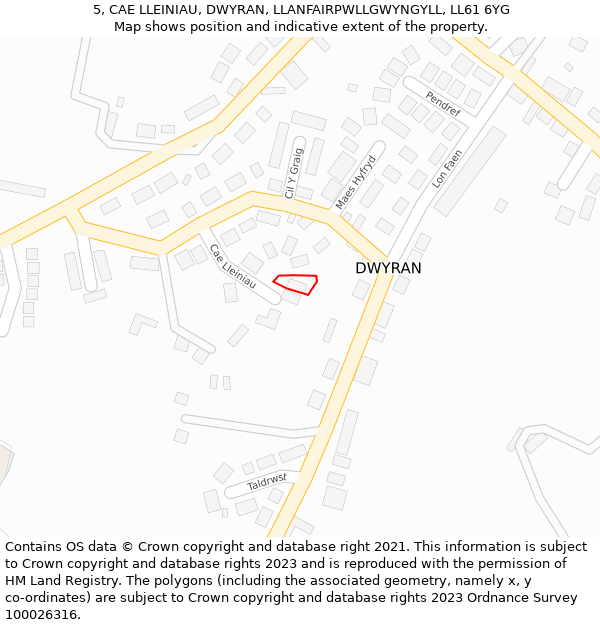 5, CAE LLEINIAU, DWYRAN, LLANFAIRPWLLGWYNGYLL, LL61 6YG: Location map and indicative extent of plot