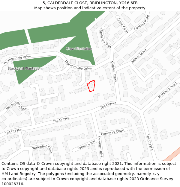 5, CALDERDALE CLOSE, BRIDLINGTON, YO16 6FR: Location map and indicative extent of plot