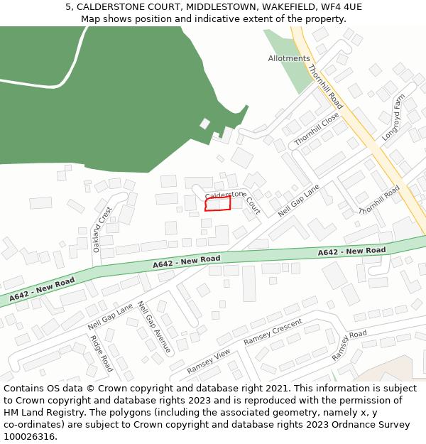 5, CALDERSTONE COURT, MIDDLESTOWN, WAKEFIELD, WF4 4UE: Location map and indicative extent of plot