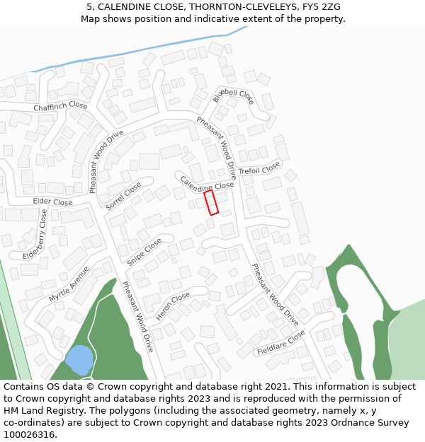 5, CALENDINE CLOSE, THORNTON-CLEVELEYS, FY5 2ZG: Location map and indicative extent of plot