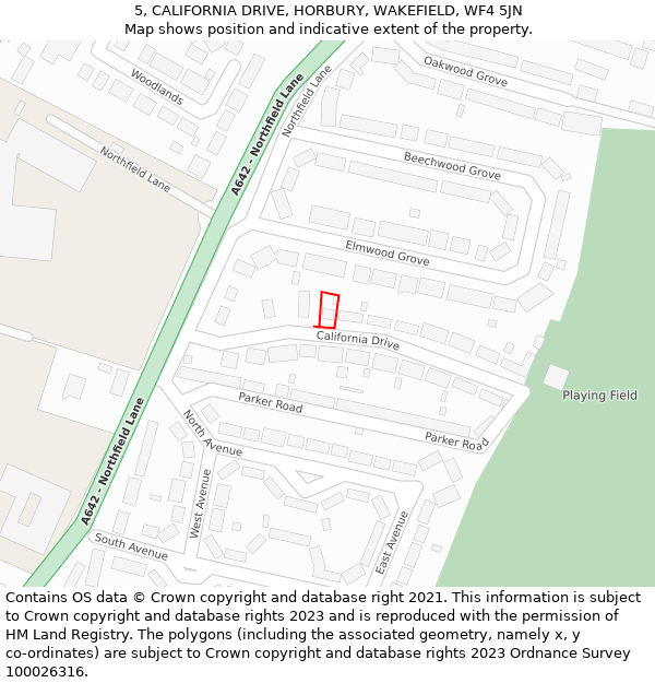 5, CALIFORNIA DRIVE, HORBURY, WAKEFIELD, WF4 5JN: Location map and indicative extent of plot