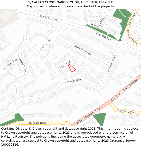 5, CALLAN CLOSE, NARBOROUGH, LEICESTER, LE19 3FH: Location map and indicative extent of plot