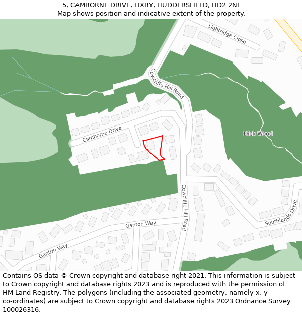 5, CAMBORNE DRIVE, FIXBY, HUDDERSFIELD, HD2 2NF: Location map and indicative extent of plot